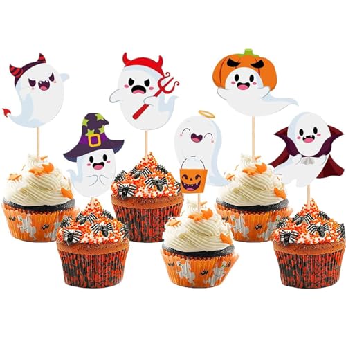 12 Stück Halloween Cupcake Toppers, Geister Deko, Muffin Deko, Kuchen Dekoration, Monster High Tortendeko, Zucker Augen Deko Essbar von Scinzene