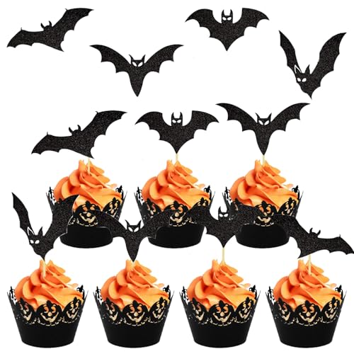 24 Stück Halloween Cupcake Toppers, 4 Designs Fledermaus Deko, Tortendeko Schwarz, Halloween Party Deko, Halloween Deko, Horror Deko, Cupcake Deko, Muffin Topper, Halloween Horror Deko Torten 24 Stück Halloween Cupcake Toppers, 4 Designs Fledermaus Deko, Tortendeko Schwarz, Halloween Party Deko, Halloween Deko, Horror Deko, Cupcake Deko, Muffin Topper, Halloween Horror Deko Torten von Scinzene