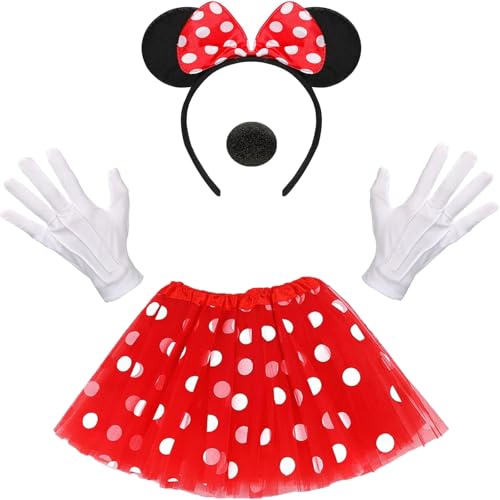 4 Stück Minnie Mouse Kostüm Damen, Damen Maus Mouse Kostüm Rot Tutu mit weiß Gepunktet, Haarreifen mit Maus Ohren, Handschuhe und Nase, Perfekt für Fasching, Karneval, Motto- und Cosplay-Partys 4 Stück Minnie Mouse Kostüm Damen, Damen Maus Mouse Kostüm Rot Tutu mit weiß Gepunktet, Haarreifen mit Maus Ohren, Handschuhe und Nase, Perfekt für Fasching, Karneval, Motto- und Cosplay-Partys von Scinzene