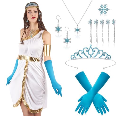 Complete Princess Costume Set for Women and Girls, Includes Crown, Gloves, Snowflake Earrings & Hair Accessories, Frozen Inspired Snowflake Theme for Halloween and Carnival Parties ELSA Kostüm Damen von Scinzene