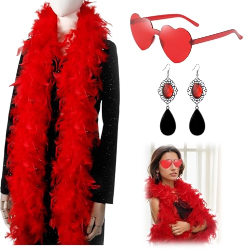 Federboa Set, 2M Federboa Rot Flauschige Feder Boa mit Herzbrille & Roten Ohrringen, Bunte Feder Boas für Karneval, Party, Hochzeit, Weihnachtskostüm & Festliche Dekoration, Elegant & Vielseitig Federboa Set, 2M Federboa Rot Flauschige Feder Boa mit Herzbrille & Roten Ohrringen, Bunte Feder Boas für Karneval, Party, Hochzeit, Weihnachtskostüm & Festliche Dekoration, Elegant & Vielseitig von Scinzene