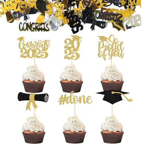 25 Stück Glitzer 2025 Graduation Cupcake Toppers, mit 1 Packung Glitzer Abschluss Deko Konfetti, Abschlussfeier Cupcake Toppers, Bachelor Hut Deko, Graduation Abschlussparty Dekoration 25 Stück Glitzer 2025 Graduation Cupcake Toppers, mit 1 Packung Glitzer Abschluss Deko Konfetti, Abschlussfeier Cupcake Toppers, Bachelor Hut Deko, Graduation Abschlussparty Dekoration von Scinzene