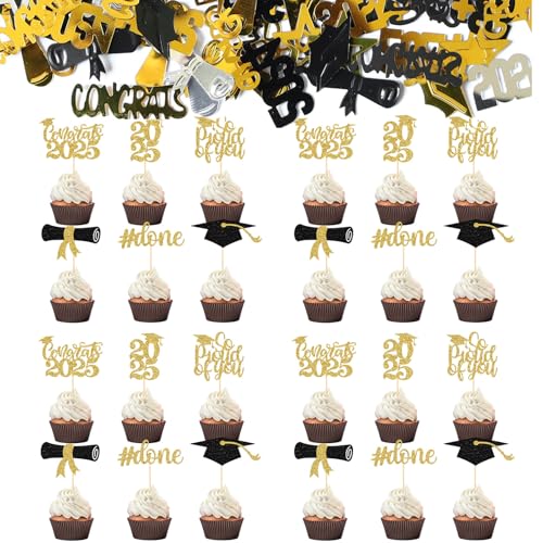 25 Stück Glitzer 2025 Graduation Cupcake Toppers, mit 1 Packung Glitzer Abschluss Deko Konfetti, Abschlussfeier Cupcake Toppers, Bachelor Hut Deko, Graduation Abschlussparty Dekoration von Scinzene