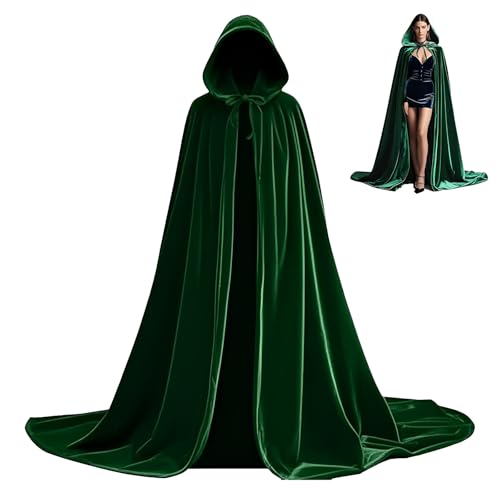 Scinzene Grüner Samt Umhang Mit Kapuze 170cm, Halloween Kostüm Damen, Halloween Kostüm Damen, Hexen Kostüm Damen, Herr Der Ringe Kostüm, Elfen Kostüm, Ghostface Kostüm, Für Karneval Halloween Cosplay von Scinzene