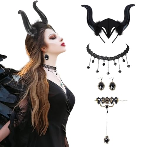 Kostüm Hexe Damen, Dark Queen Horn Headband with Gothic Lace Necklace and Earrings, Evil Maleficent Costume Accessory Set for Halloween, Carnival, Masquerade Parties, Black Devil Headpiece for Women Kostüm Hexe Damen, Dark Queen Horn Headband with Gothic Lace Necklace and Earrings, Evil Maleficent Costume Accessory Set for Halloween, Carnival, Masquerade Parties, Black Devil Headpiece for Women von Scinzene
