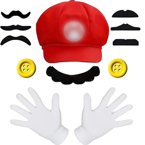 Scinzene Mario Kostüm Set: Mütze, Handschuhe, Bart & Knöpfe - Fasching, Cosplay & Halloween für Erwachsene & Kinder von Scinzene