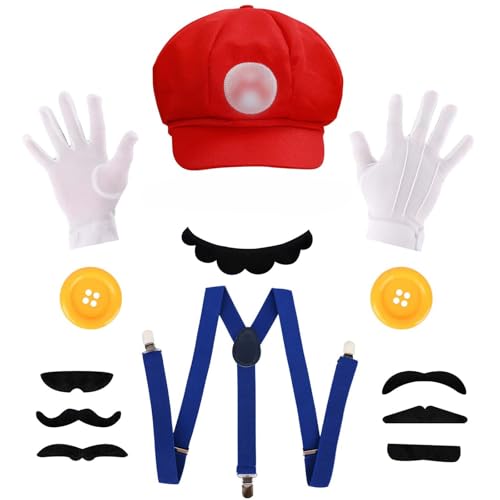 Mario Kostüm Accessories Set - Hat, Gloves, Moustaches, Buttons & Braces - Perfect for Cosplay, Fancy Dress, Carnival & Theme Parties - Fun Accessories for Men, Women & Kids ideal für Fasching Mario Kostüm Accessories Set - Hat, Gloves, Moustaches, Buttons & Braces - Perfect for Cosplay, Fancy Dress, Carnival & Theme Parties - Fun Accessories for Men, Women & Kids ideal für Fasching von Scinzene