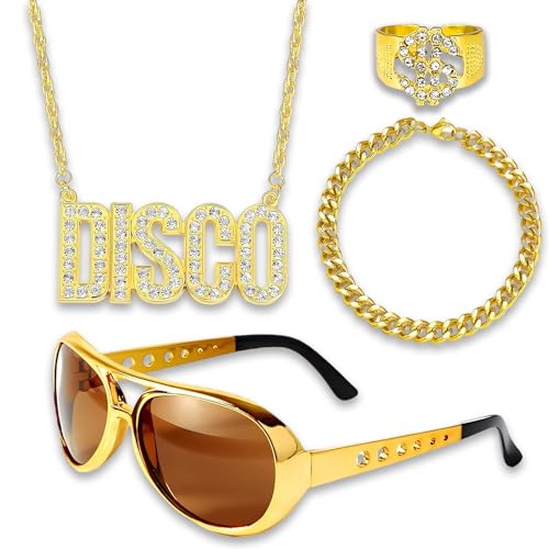 Scinzene 4 Stück Zuhälter Kostüm Set, Gangster Goldkette Herren & Brille Gold Dollar Ring Armband, 70er 80er 90er Hustler Rapper Hiphop Kostüm Zubehör, Für Halloween Fasching Karneval Mottoparty von Scinzene