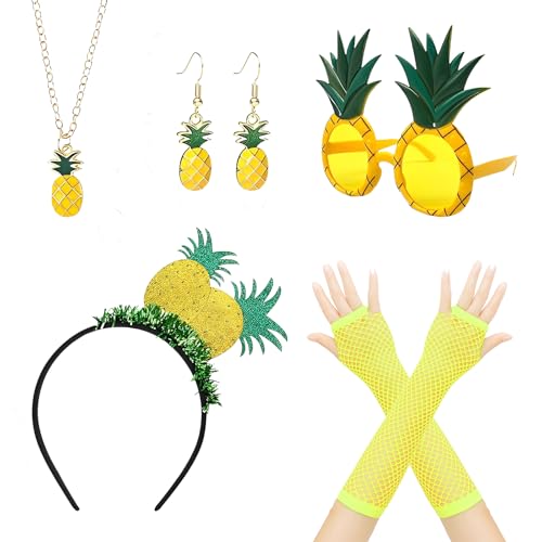 Scinzene 7 Stück Hawaii Kostüm Damen, Ananas Kleidung Frau Ananas Kopfband Ananas Kappe Hawaii Haarschmuck Ananas Brille Handschuhe Ananas Halskette Ananas Ohrringe, Perfekt für Hawaii von Scinzene