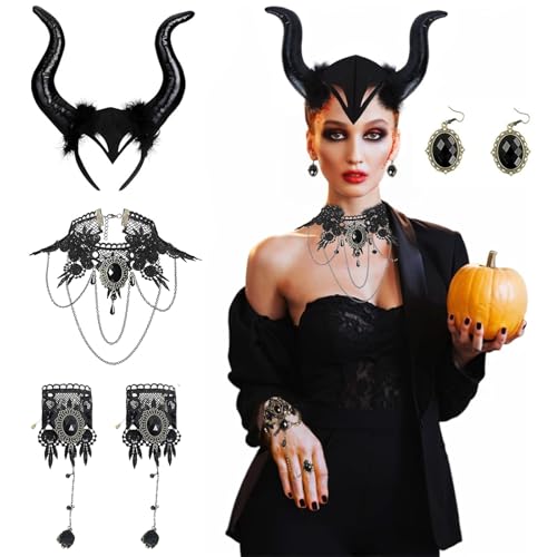 Scinzene 4 Pcs Accessoire-Set mit Hörner Kopfschmuck, Schmucksteinohrringen, schwarzer Spitzenhalskette und Handkette, Gothic Kostüm Halloween Damen Scinzene 4 Pcs Accessoire-Set mit Hörner Kopfschmuck, Schmucksteinohrringen, schwarzer Spitzenhalskette und Handkette, Gothic Kostüm Halloween Damen von Scinzene