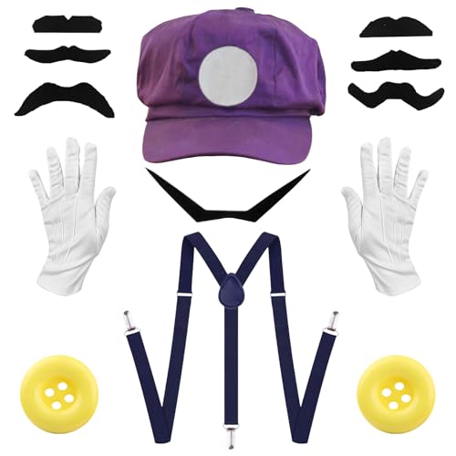 Scinzene Kostüm Set - Komplettes 7-teiliges Cosplay Outfit mit Lila Hut, Großer Schnurrbart, 6x Bartdesigns, Handschuhe, Gelbe Knöpfe und Marineblaue Hosenträger für Fasching, Karneval, Halloween Scinzene Kostüm Set - Komplettes 7-teiliges Cosplay Outfit mit Lila Hut, Großer Schnurrbart, 6x Bartdesigns, Handschuhe, Gelbe Knöpfe und Marineblaue Hosenträger für Fasching, Karneval, Halloween von Scinzene