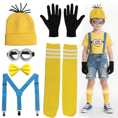 Scinzene Minions Kinderkostüm Set Komplett 6-teilig - Gelbe Beanie Mütze mit Steampunk Schutzbrille, Hosenträger, Fliege, Socken & Handschuhe für Karneval Fasching Halloween Partys und Cosplay Scinzene Minions Kinderkostüm Set Komplett 6-teilig - Gelbe Beanie Mütze mit Steampunk Schutzbrille, Hosenträger, Fliege, Socken & Handschuhe für Karneval Fasching Halloween Partys und Cosplay von Scinzene