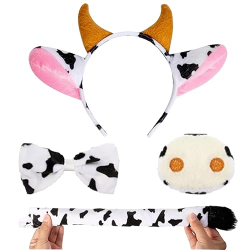 4 Stück Kuh Kostüm Set Ohren Hörner Stirnband Kuh Nase Fliege und Schwanz Kuh Kleid Kostüm Set, Cosplay Kostüm Stirnband Haarschmuck für Damen Mädchen Herren Party Dekoration 4 Stück Kuh Kostüm Set Ohren Hörner Stirnband Kuh Nase Fliege und Schwanz Kuh Kleid Kostüm Set, Cosplay Kostüm Stirnband Haarschmuck für Damen Mädchen Herren Party Dekoration von Scinzene