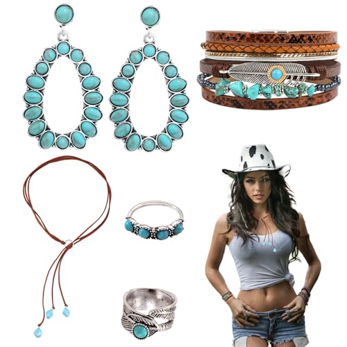 Scinzene 5 Stück Western Outfit Damen Zubehör -Halskette Ohrringen Ringen Armbändern, Boho Schmuck, Hippie Kleidung Damen Zubehör, Für Cowgirl, Hippie, Boho Style von Scinzene