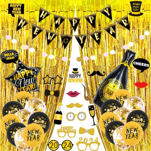 Scnvsi 2024 Neujahrsparty-Dekorationsset, eleganter schwarz-goldener Themenballon, frohes neues Jahr, Partyzubehör von Scnvsi