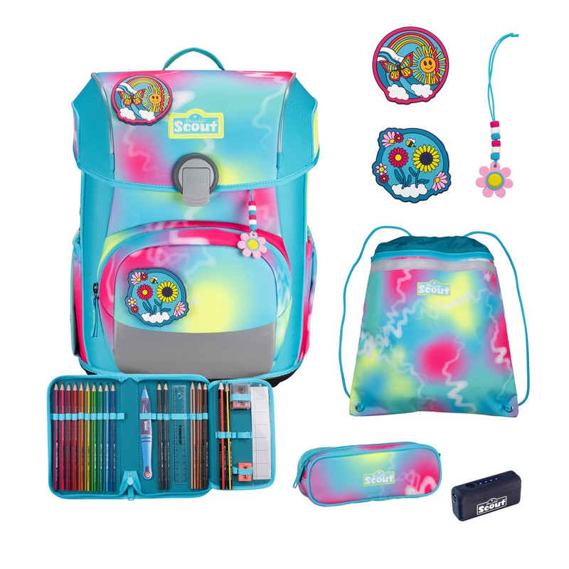 Scout Schulranzen Set Neo Exklusiv Safety Light Happy Rainbow 5-tlg. von Scout