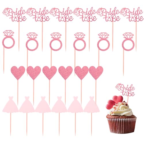 Sdhgerh 24 Stück Wedding Bride To Be Cake Topper Hochzeit Deko Rosegold Heart Ring Dress Tortendeko Hochzeit Glitzer Cupcake Toppers für Hochzeitstorte Verlobung Party Braut Kuchen Deko von Sdhgerh