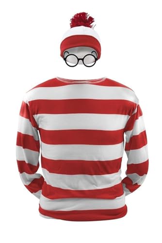Seaehey Rot-weiß Gestreiftes Langarm T-Shirt Gestreiftes Hemd Sweatshirt mit Brille und Mütze Cosplay Kostüm Halloween Party Outfit für Erwachsene von Seaehey