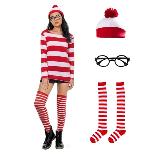 Seaehey Rot-weiß Gestreiftes Langarm T-Shirt Gestreiftes Hemd Sweatshirt mit Brille und Mütze Cosplay Kostüm Halloween Party Outfit für Erwachsene Seaehey Rot-weiß Gestreiftes Langarm T-Shirt Gestreiftes Hemd Sweatshirt mit Brille und Mütze Cosplay Kostüm Halloween Party Outfit für Erwachsene von Seaehey