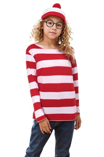 Seaehey Rot-weiß Gestreiftes Langarm T-Shirt Gestreiftes Hemd Sweatshirt mit Brille und Mütze Cosplay Kostüm Halloween Party Outfit für Erwachsene Seaehey Rot-weiß Gestreiftes Langarm T-Shirt Gestreiftes Hemd Sweatshirt mit Brille und Mütze Cosplay Kostüm Halloween Party Outfit für Erwachsene von Seaehey