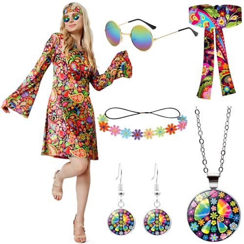 Sealilac Hippie Kostüm Damen, Hippie Kleid, 60er 70er Jahre Bekleidung Damen mit Hippie Brille Haarband Blumengirlande Halskette Ohrringe, Geeignet für Halloween, Karneval (M) von Sealilac