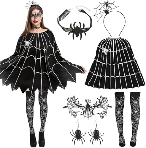 Halloween Spinne Kostüm, 6 Stück Kostüm Spinne Damen, Kostüm Halloween Damen, Spinnenkostüm für Erwachsene mit Poncho, Maske, Haarreifen, Ohrringe für Erwachsene Halloween Fasching Karneval Cosplay Halloween Spinne Kostüm, 6 Stück Kostüm Spinne Damen, Kostüm Halloween Damen, Spinnenkostüm für Erwachsene mit Poncho, Maske, Haarreifen, Ohrringe für Erwachsene Halloween Fasching Karneval Cosplay von Seasboes