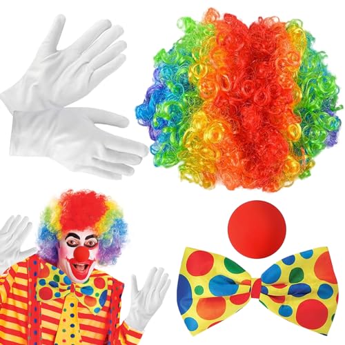 Clown Kostüm Accessoire, 4 Stück Clown Partys Karneval Kostüm Zubehör, Clown Lockenperücke + Clownsnase + Bunte Krawatte + Handschuhe, Fasching Karneval Kostüme für Kinder Damen Herren von Seasboes