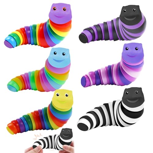 Fidgets Slug Spielzeug, 6 Stück Fidget Slug Sensory Toys 3D Gelenk Stretch Raupe, Sensorisches Stressabbau für Kinder Erwachsene, Flexible Dekompressionsschnecke zum Entspannen Spielzeug (Regenboge) von Seasboes