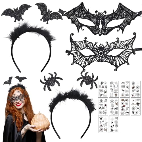 Seasboes Halloween Kostüm Damen, Fledermaus Haarreif, Choker Zubehör Vintage, Lace Venezianische Masken, Spitze Handschuhe, Gothic Halskette Set für Halloween Maskenball von Seasboes