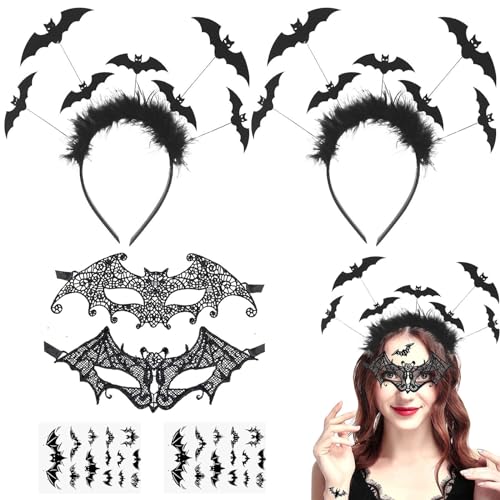 Halloween Haarreif Set, Fledermaus Haarreifen mit Glitzereffekt, Halloween Maske Augenmaske Haarschmuck mit Fledermaus Tattoos Aufkleber, Fledermaus Haarband Accessoires für Karneval (6 Stück) von Seasboes