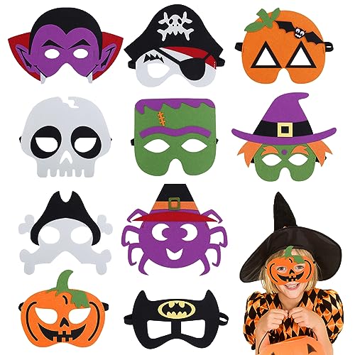 Halloween Maske, 10 Stück Halloween Kinder Cosplay Masken Set, Halloween Masken Kinder, Halloween Filzmasken mit Kürbisgeist, Fledermaus, Vampir, Hexen für Maskerade Kindergeburtstag Halloweenparty von Seasboes