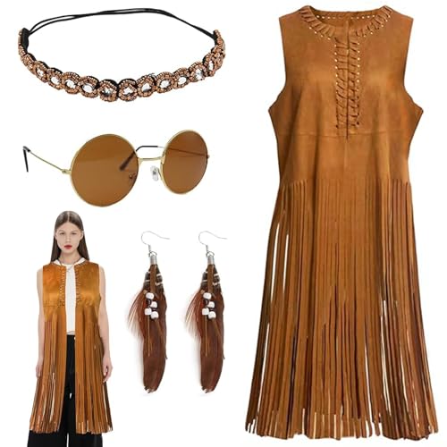 Hippie Kleidung Damen, 60er 70er Jahre Bekleidung Accessoires Set, Fransenweste, Sonnenbrille, Stirnband, Ohrringe, Halskette Disco Outfit für Karneval, FaschingsKostüm, Hallowee (L) von Seasboes