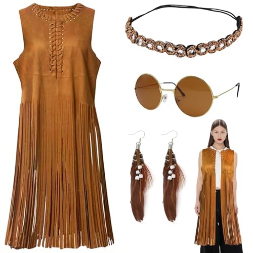 Hippie Kleidung Damen, 60er 70er Jahre Bekleidung Accessoires Set, Fransenweste, Sonnenbrille, Stirnband, Ohrringe, Halskette Disco Outfit für Karneval, FaschingsKostüm, Hallowee (M) von Seasboes