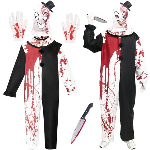 Horror Clown Kostüm Herren, Art Clown Kostüm, Terrifier Kostüme für Erwachsene, Schwarz Weiß Clowns Jumpsuit, Kostüme Killer Set Erwachsene mit Hut Dolch Handschuhe, Cosplay Halloween Karneval Party von Seasboes