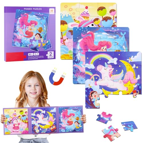 Kinderpuzzle Magnet Puzzle, Magnetische Puzzle für Kinder, 12-16-20 Teile Magnete Puzzlebuchen für Kinder, 3-in-1 Teile Magnetpuzzle Einhorn Meerjungfrau für Jungen und Mädchen ab 3 Jahre von Seasboes
