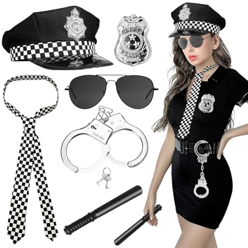 Polizei Kostüm Zubehör, 7 Stück Polizei Kostüm Damen Herren, Polizei Kostüm Set mit Polizei Mütze Handschellen Polizeiabzeichen Schlagstock Krawatte Schwarze Brille,Karneval Faschingkostüm Polizei Kostüm Zubehör, 7 Stück Polizei Kostüm Damen Herren, Polizei Kostüm Set mit Polizei Mütze Handschellen Polizeiabzeichen Schlagstock Krawatte Schwarze Brille,Karneval Faschingkostüm von Seasboes