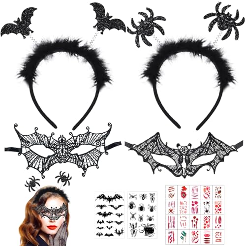 Seasboes Halloween Haarreif Set, Fledermaus Haarreifen mit Glitzereffekt, Halloween Maske Augenmaske Haarschmuck mit Fledermaus Tattoos Aufkleber, Fledermaus Haarband Accessoires für Karneval (D) von Seasboes
