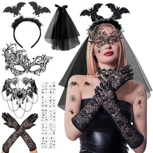Seasboes Halloween Kostüm Damen, Fledermaus Haarreif, Choker Zubehör Vintage, Lace Venezianische Masken, Spitze Handschuhe, Gothic Halskette Set für Halloween Maskenball Seasboes Halloween Kostüm Damen, Fledermaus Haarreif, Choker Zubehör Vintage, Lace Venezianische Masken, Spitze Handschuhe, Gothic Halskette Set für Halloween Maskenball von Seasboes