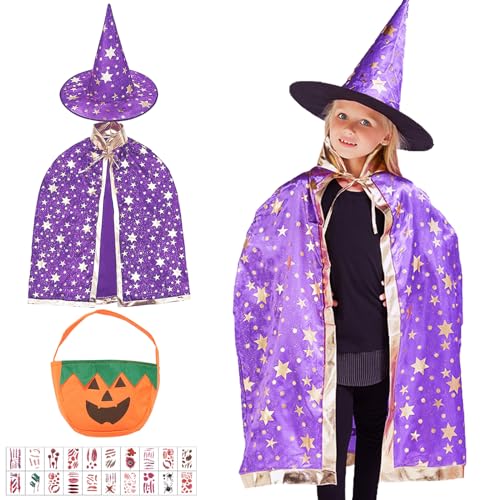 Seasboes Kinder Halloween Kostüm, Hexenkostüm Kinder Umhang, Enthalten Hexen Zauberer Umhang mit Hut, Kürbis Candy Bag, Umhang Zauberer Kinder für Halloween Karneval Cosplay Themenparty von Seasboes