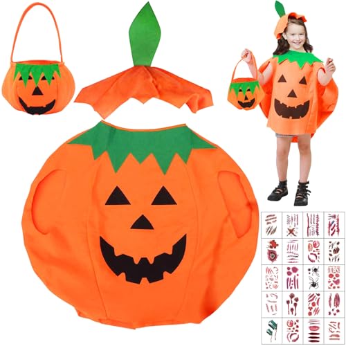 Seasboes Kostüm Halloween Kinder, 3 Stück Kinder Kürbis Kostüm mit Kürbis Hut Kürbis Tasche, Pumpkin Candy Bag, Kürbis Halloween Karneval Kostüm für Kinder Jungen Mädchen von Seasboes