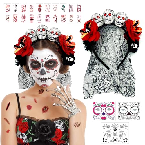 Tag Der Toten Haarschmuck, Halloween Tag Der Toten Haarreif und Schleier, Rosenschädel-Dia De Los Muertos Haarreif mit Halloween Tattoo Gesicht und Aufkleber für Gothic-Cosplay-Party-Kostümzubehör von Seasboes