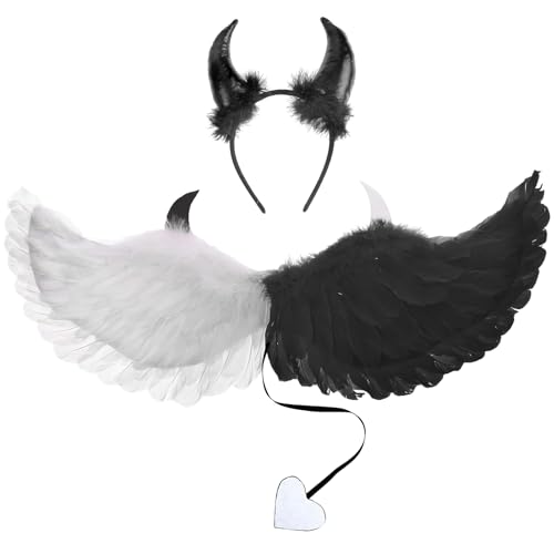Teufel Kostüm Mädchen, Engels Flügel Kostüm, Halloween Kostüm Teufel mit Teufel Horn Haarreif, Schwanz, Engelsflügel, Engel Kostüm Weiße, Halloween Kostüm Kinder für Kostümparty Karneval Cosplay Party Teufel Kostüm Mädchen, Engels Flügel Kostüm, Halloween Kostüm Teufel mit Teufel Horn Haarreif, Schwanz, Engelsflügel, Engel Kostüm Weiße, Halloween Kostüm Kinder für Kostümparty Karneval Cosplay Party von Seasboes