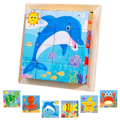 Würfelpuzzle, Holzpuzzle 3D, Lernspielzeug Holzspielzeug, Würfelpuzzle Puzzlespiele 6 in 1 Tier-Motive für Kinder, Montessori Vorschule Lernspielzeug Geschenk für Jungen und Mädchen von Seasboes