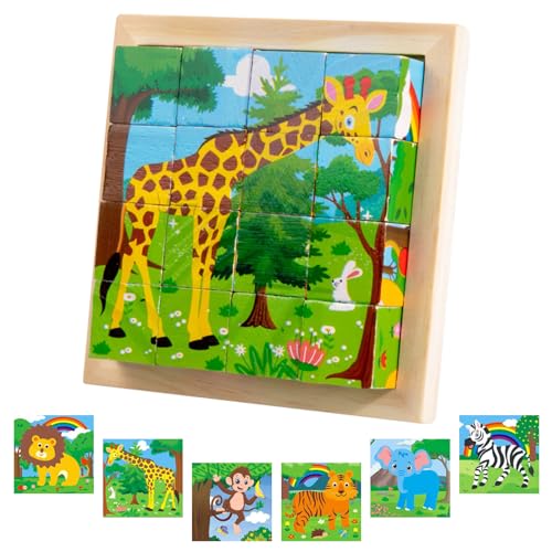 Würfelpuzzle, Holzpuzzle 3D, Lernspielzeug Holzspielzeug, Würfelpuzzle Puzzlespiele 6 in 1 Tier-Motive für Kinder, Montessori Vorschule Lernspielzeug Geschenk für Jungen und Mädchen von Seasboes