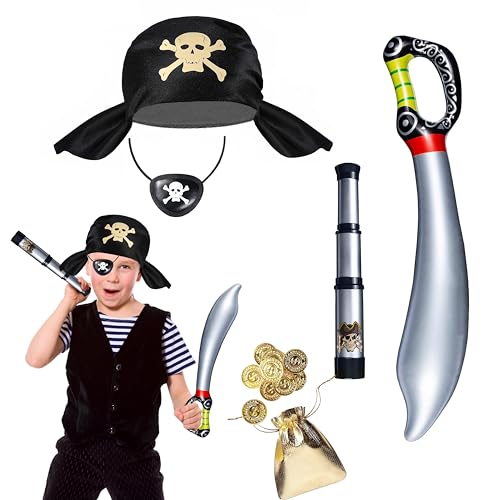 Seawhisper Piratenkostüm Kinder Kostüm Zubehör Pirat Jungen Mädchen Piratenhut Fernrohr Augenklappe Piratensäbel Goldmünze Piratenkopftuch Accessoires Set von Seawhisper