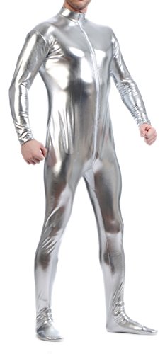 Seeksmile Unisex Metallic Bodysuit Zentai ohne Kapuze Erwachsene Glänzend Einteiler Spandex Body Anzug Halloween Kostüm, silber, XXL von Seeksmile