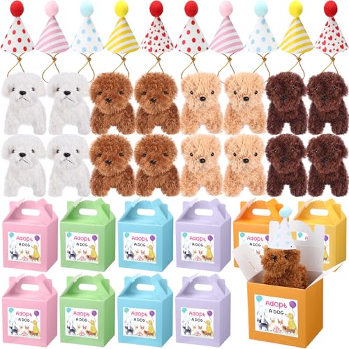 Seenelling 20-teiliges Mini-Plüsch-Hunde-Set, 10,2 cm, klein, gefüllt, enthält 20 Kraftpapierboxen und 20 niedliche Kegelhüte, weiche Hundetiere für Kindergeburtstage, Adoptieren eines Welpengeschenks von Seenelling