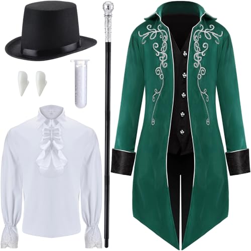 Seenelling 6-teiliges Vampir-Kostüm-Set für Herren mit Frackjacke, Piratenhemd, Zylinderhut, Zauberstab, Zähnen und Perlen (Grün, M) von Seenelling
