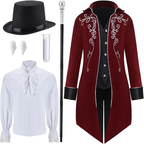 Seenelling 6-teiliges Vampir-Kostüm-Set für Herren mit Frackjacke, Piratenhemd, Zylinderhut, Zauberstab, Zähnen und Perlen (Rot, S) von Seenelling