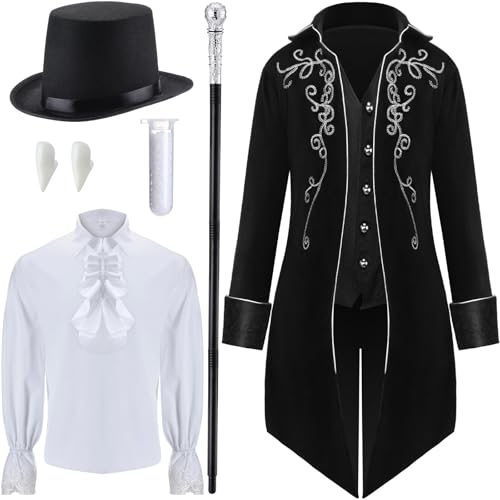 Seenelling 6-teiliges Vampir-Kostüm-Set für Herren mit Frackjacke, Piratenhemd, Zylinderhut, Zauberstab, Zähnen und Perlen (Schwarz, M) von Seenelling